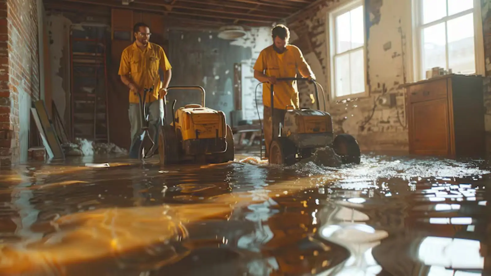 Restoration crew running extraction equipment in a flooded room